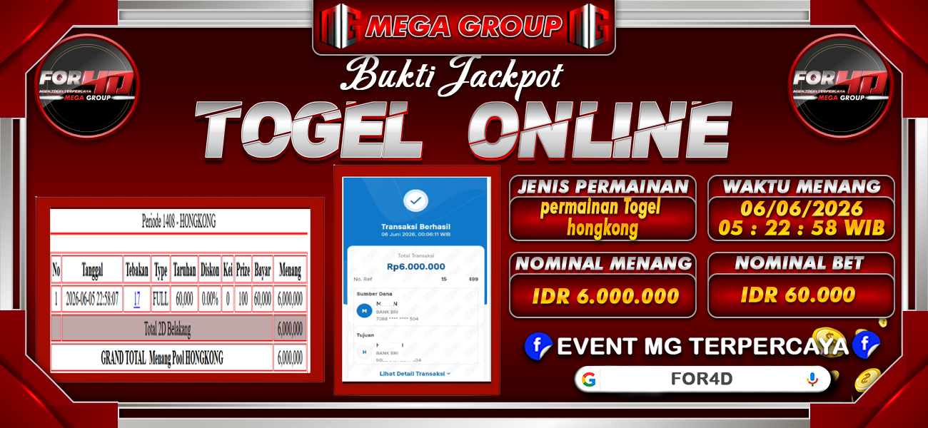 Bukti JP situs For4D hari Sabtu, 06 Juni 2026